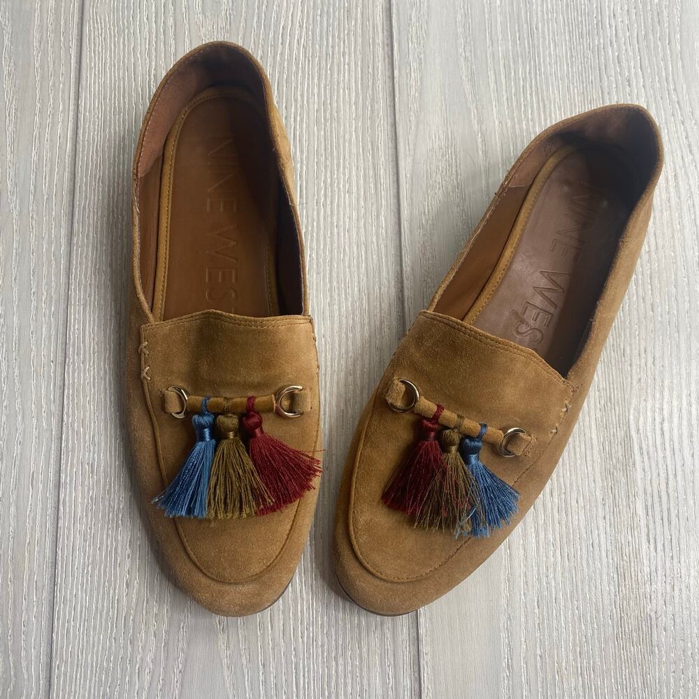 Nine West Women's Weslir Tan Suede Slip On Tassel Loafers Size 8.5